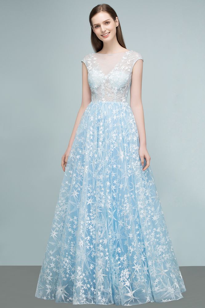 Long Appliqued Tulle A-line Cap Sleeves Prom Dresses