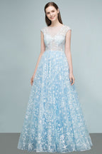 Long Appliqued Tulle A-line Cap Sleeves Prom Dresses