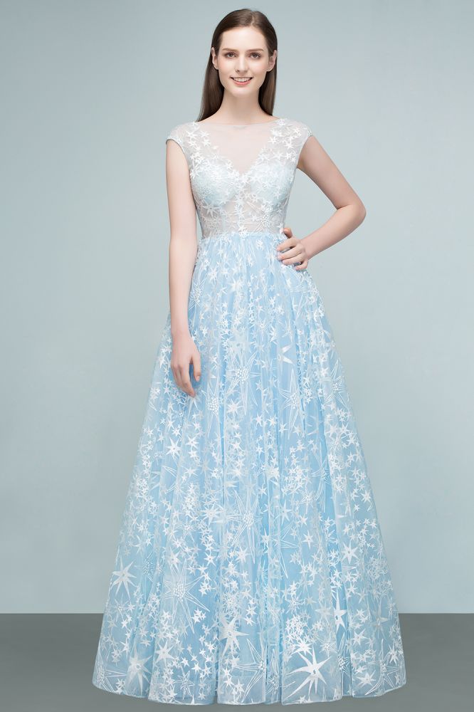 Long Appliqued Tulle A-line Cap Sleeves Prom Dresses