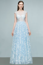 Long Appliqued Tulle A-line Cap Sleeves Prom Dresses