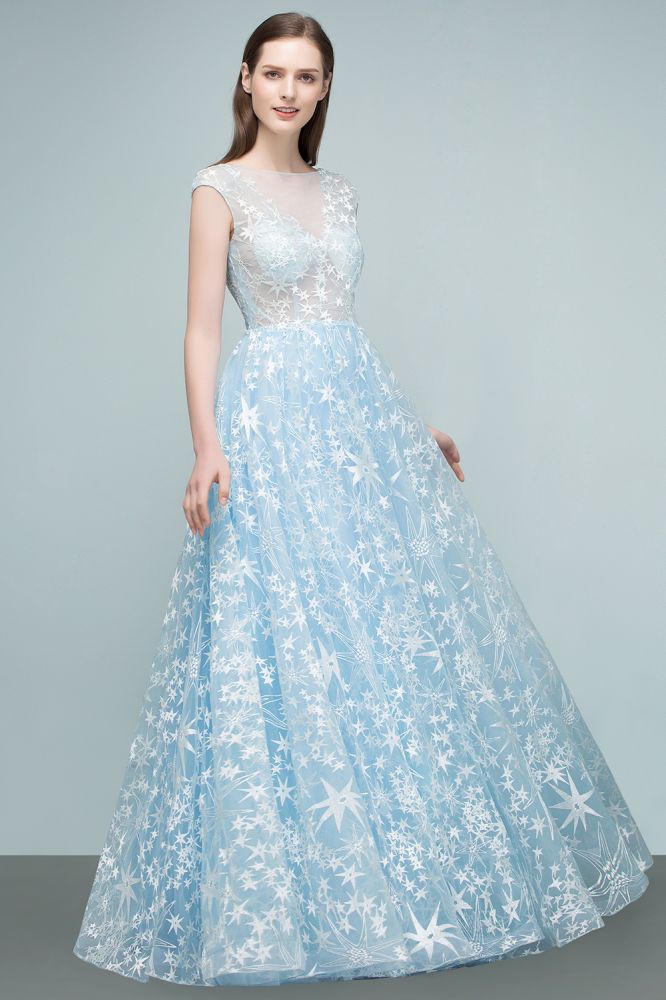 Long Appliqued Tulle A-line Cap Sleeves Prom Dresses