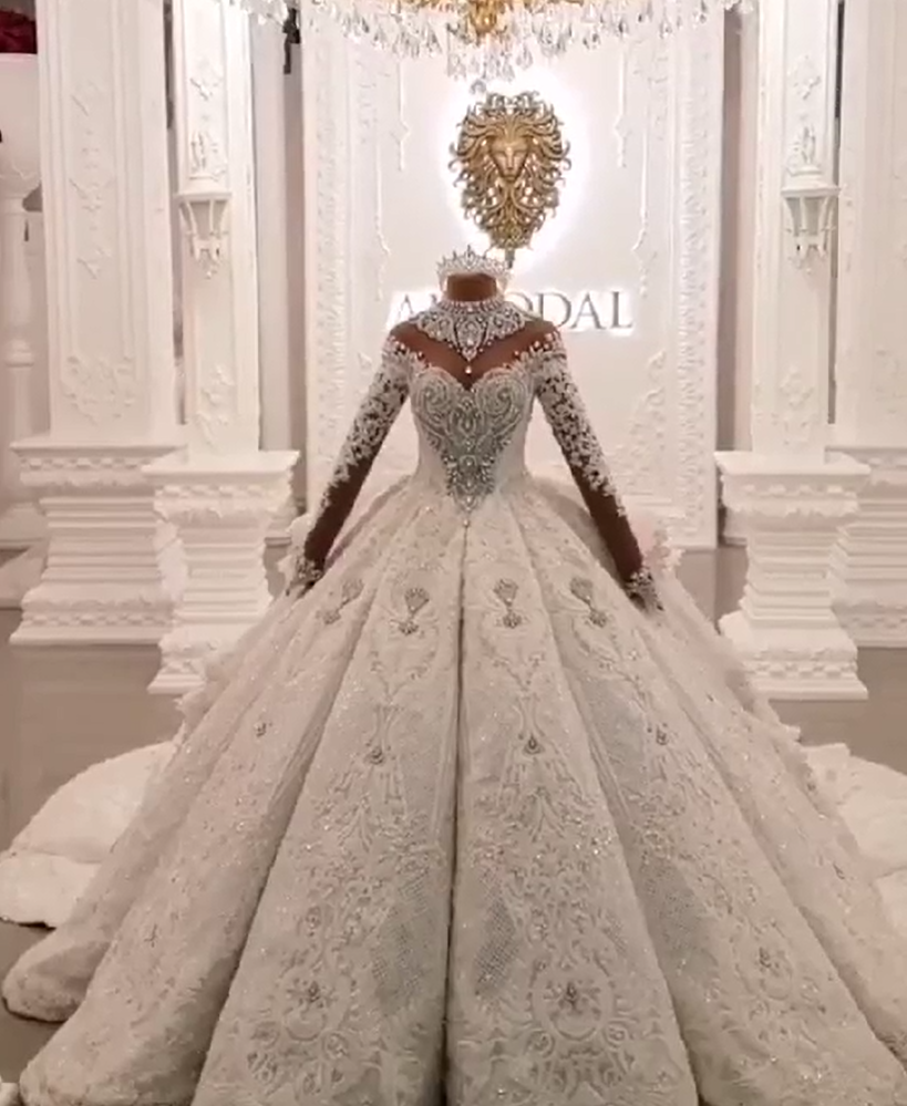 Long Ball Gown High Neck Sparkle Applique Satin Wedding Dress with Sleeves