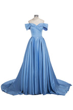 Long Ball Gown Off-shoulder Satin Blue Prom Dresses with Slit