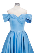 Long Ball Gown Off-shoulder Satin Blue Prom Dresses with Slit