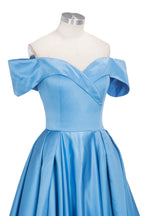 Long Ball Gown Off-shoulder Satin Blue Prom Dresses with Slit