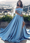 Long Ball Gown Off-shoulder Satin Blue Prom Dresses with Slit