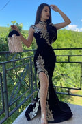 Long Black Mermaid High Neck Appliques Lace Velvet Prom Dress With Slit