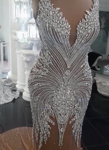 Long Champagne V-Neck Beading Backless Mermaid Wedding Dresses