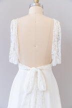 Long Empire A-line V-neck Lace Chiffon Open Back Wedding Dress