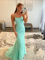Long Mermaid Backless Lace Prom Dress Mint Green Backless Formal Evening Gowns
