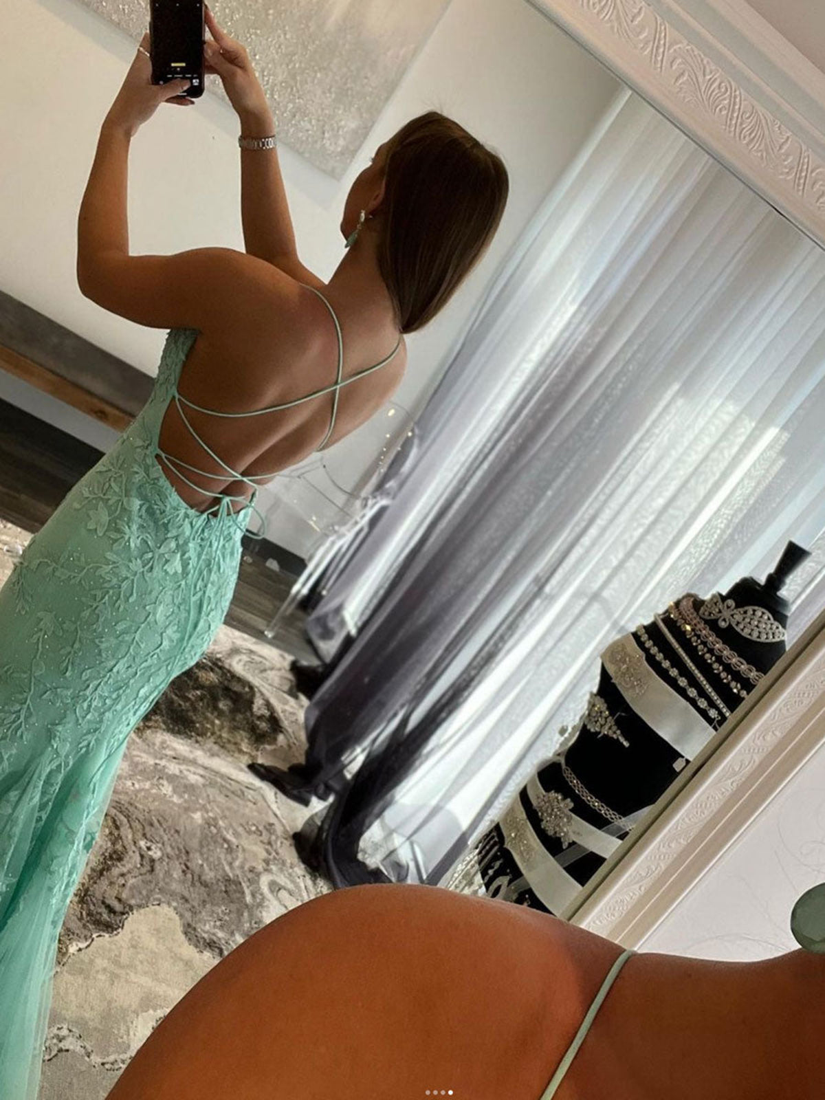 Long Mermaid Backless Lace Prom Dress Mint Green Backless Formal Evening Gowns