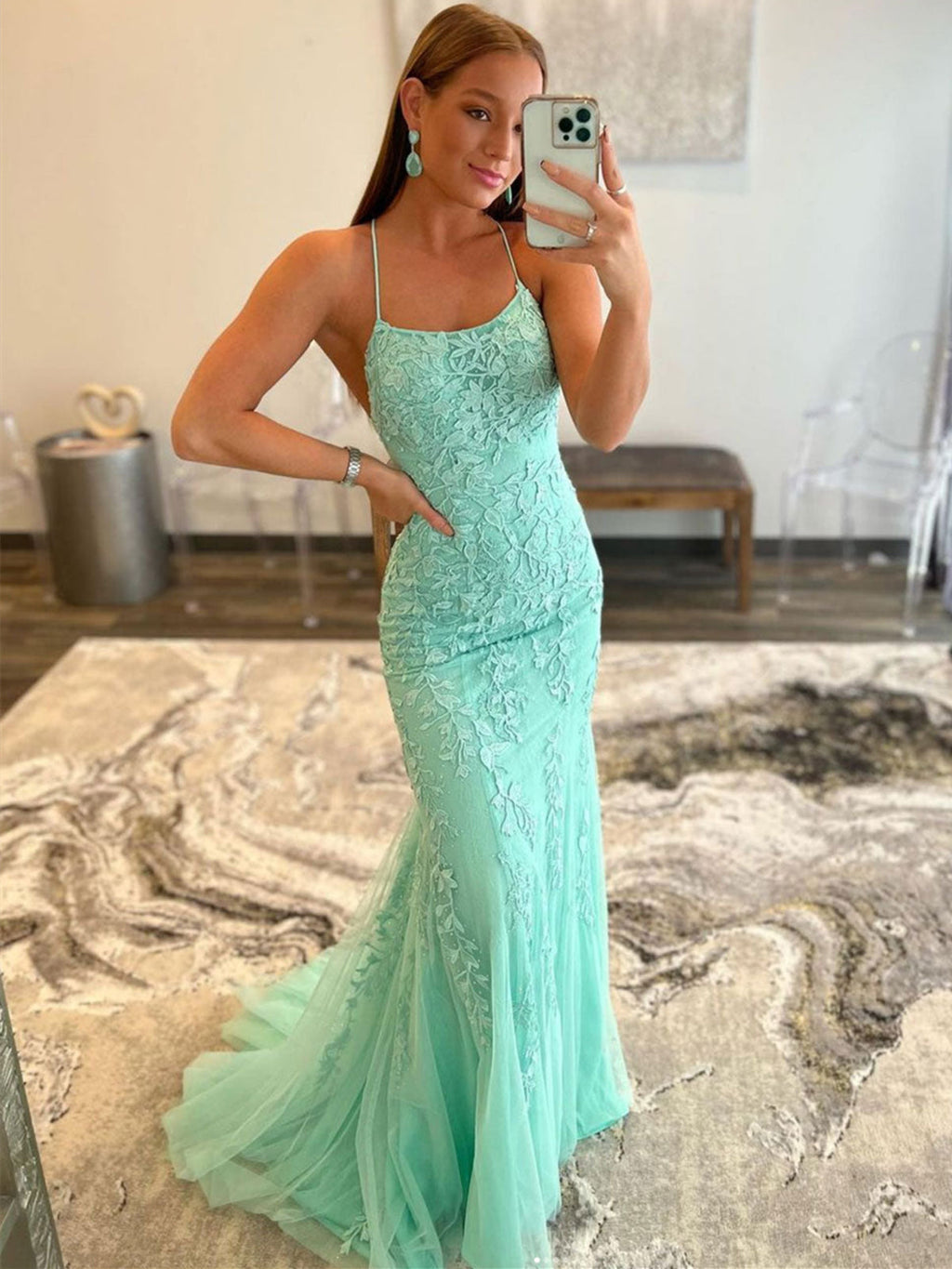 Long Mermaid Backless Lace Prom Dress Mint Green Backless Formal Evening Gowns