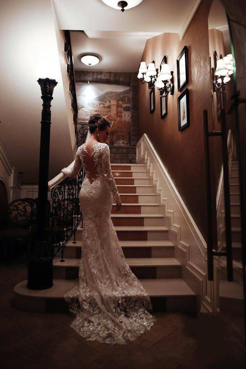 Long Mermaid High Neck Appliques Lace Backless Wedding Dress with Sleeves