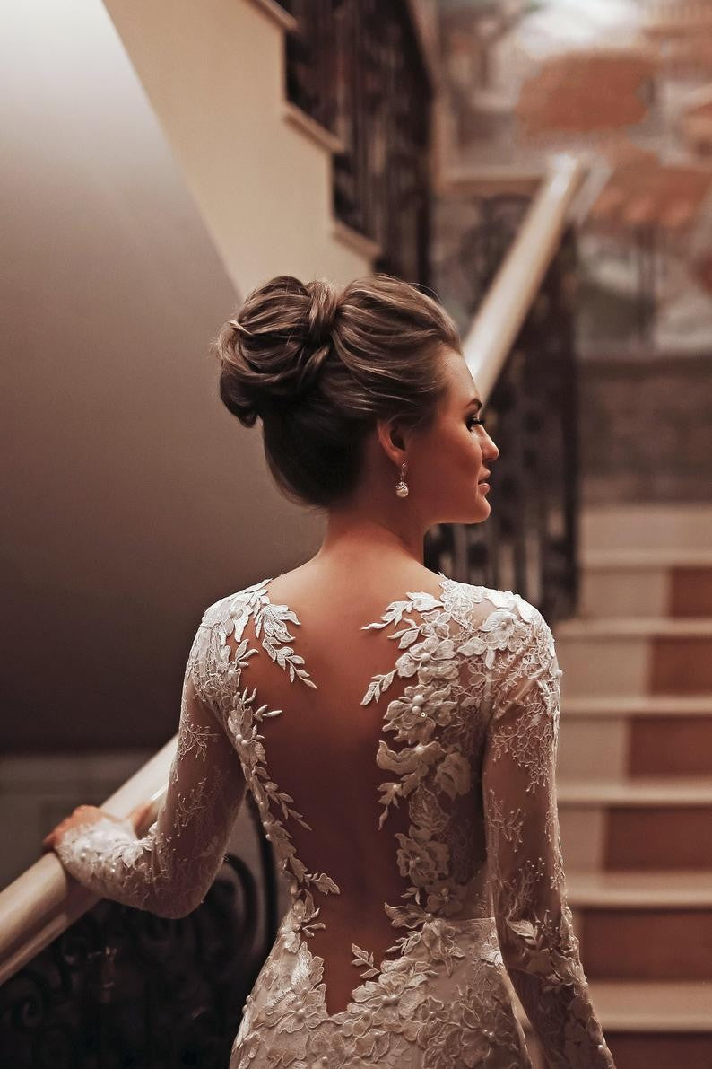 Long Mermaid High Neck Appliques Lace Backless Wedding Dress with Sleeves