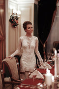 Long Mermaid High Neck Appliques Lace Backless Wedding Dress with Sleeves