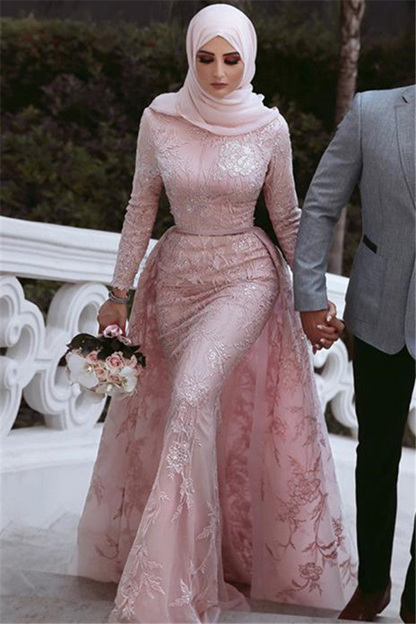 Long Mermaid High Neck Appliques Lace Prom Dress with Sleeves