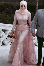 Long Mermaid High Neck Appliques Lace Prom Dress with Sleeves