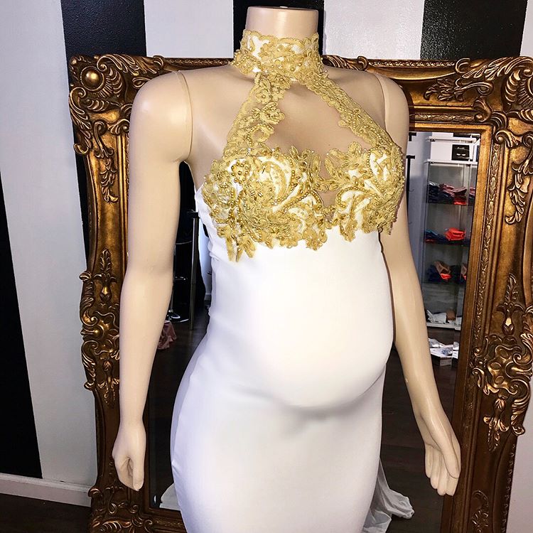 Long Mermaid High Neck Appliques White Pregnant Formal Dresses