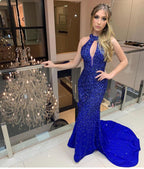 Long Mermaid High Neck Satin Royal Blue Backless Prom Dress