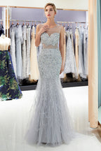 Long Mermaid Jewel Crystal Sqeuined Tulle Evening Dresses