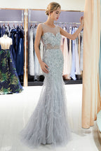 Long Mermaid Jewel Crystal Sqeuined Tulle Evening Dresses