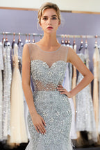 Long Mermaid Jewel Crystal Sqeuined Tulle Evening Dresses