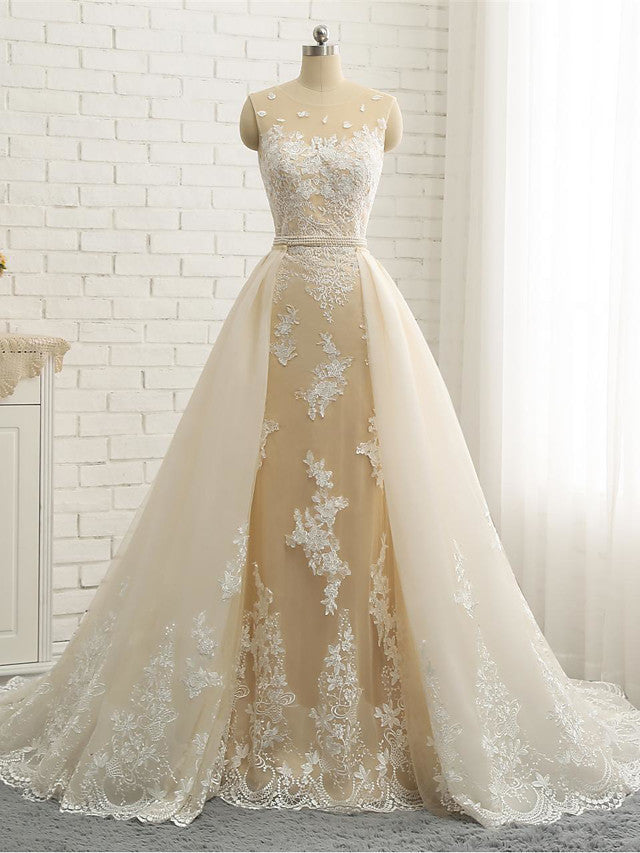 Long Mermaid Jewel Neck Chapel Train Tulle Lace Wedding Dresses