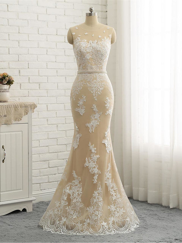 Long Mermaid Jewel Neck Chapel Train Tulle Lace Wedding Dresses
