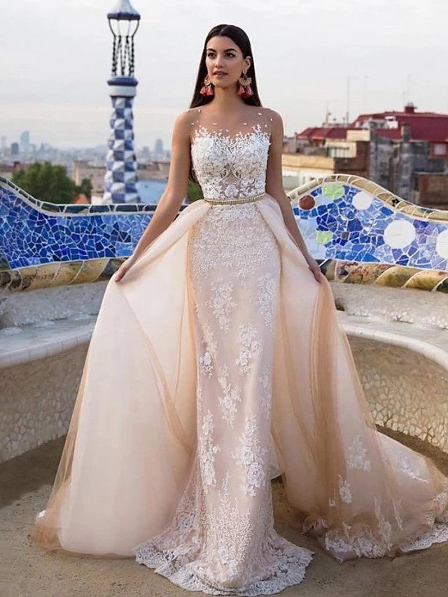 Long Mermaid Jewel Neck Chapel Train Tulle Lace Wedding Dresses