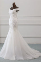 Long Mermaid Off Shoulder Lace-up Applique Lace Wedding Dress