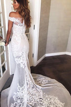 Long Mermaid Off The Shoulder Appliques Sweep Train Wedding Dress