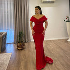 Long Mermaid Off the Shoulder Satin Red Formal Prom Dresses with Slit