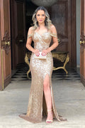 Long Mermaid Off the Shoulder Sequined Prom Dresses with Slit