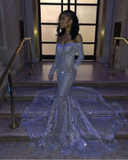 Long Mermaid Off the shoulder Sequins Prom Dresses with Sleeves
