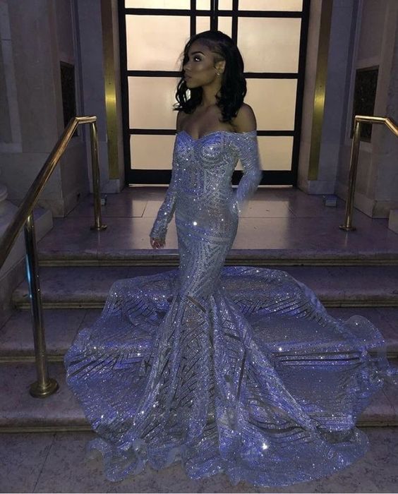 Long Mermaid Off the shoulder Sequins Prom Dresses with Sleeves