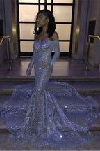 Long Mermaid Off the shoulder Sequins Prom Dresses with Sleeves