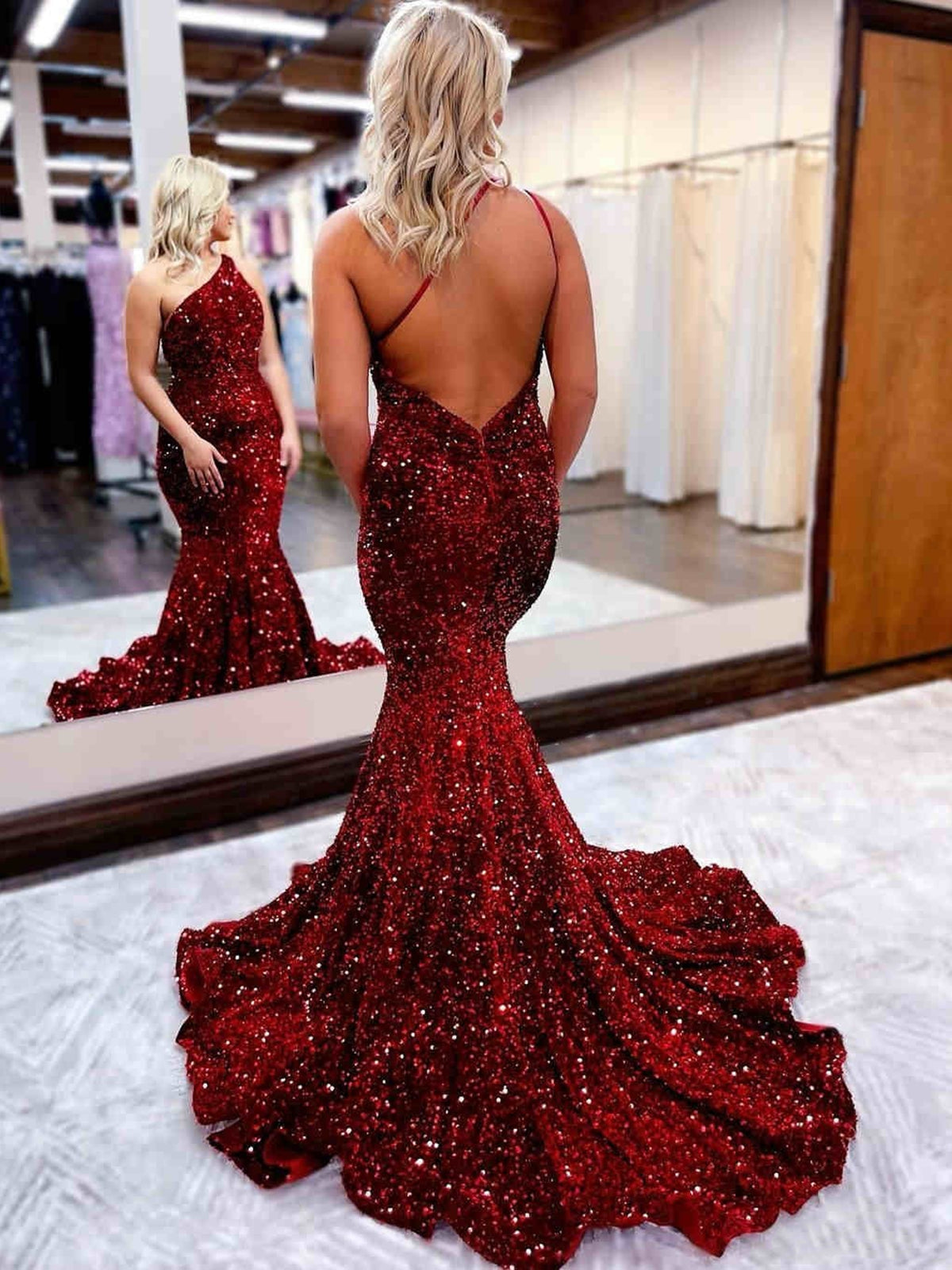 Long Mermaid One Shoulder Open Back Sequins Prom Dress Burgundy Formal Evening Gowns