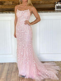 Long Mermaid Scoop Neck Lace Open Back Prom Dress Pink Formal Evening Dresses
