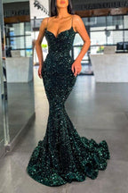 Long Mermaid Sequined Dark Green Prom Dress