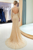Long Mermaid Sequins Formal Evening Dresses with Sleeves
