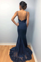 Long Mermaid Spaghetti Straps Backless Lace Beaded Prom Formal Evening Dresses