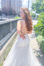 Long Mermaid Spaghetti Straps Sweetheart Appliques Lace Open Back Wedding Dress