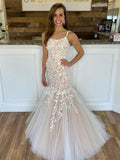 Long Mermaid Spaghetti Straps Tulle Lace Backless Formal Prom Dresses