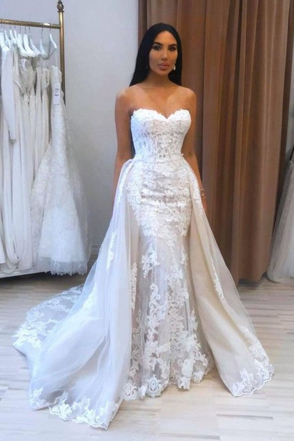 Long Mermaid Sweetheart Appliques Lace Tulle Wedding Dress