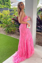 Long Mermaid Sweetheart Lace Prom Dress Fuchsia Formal Evening Gowns