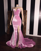 Long Mermaid Sweetheart Pink Velvet Prom Dresses with Slit