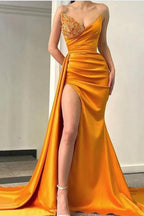 Long Mermaid Sweetheart Ruched Satin Front Slit Prom Dress with Side Sweep Train