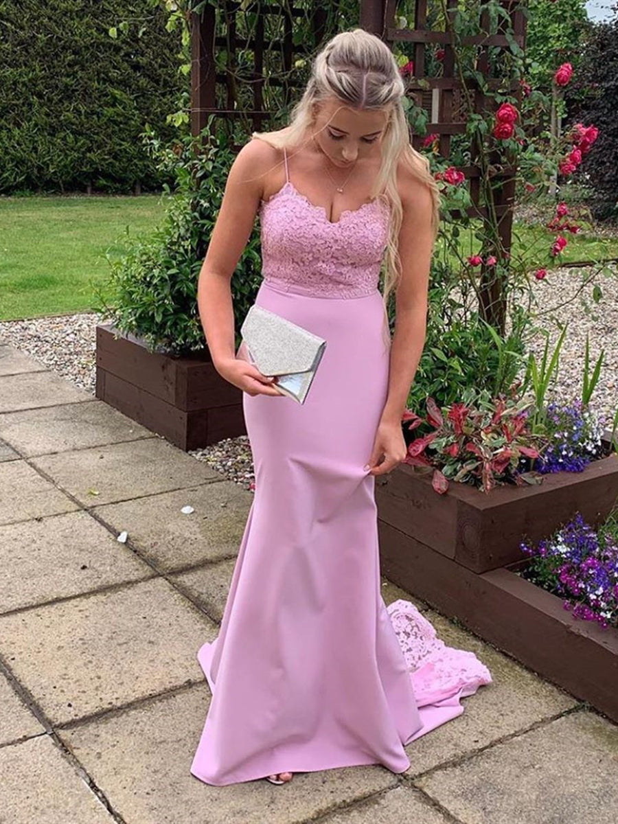 Long Mermaid Sweetheart Satin Lace Graduation Formal Prom Dresses