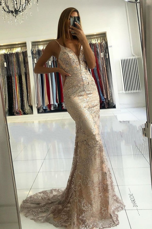 Long Mermaid Sweetheart Spaghetti Straps Appliques Lace Prom Dress