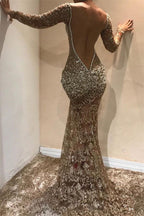 Long Mermaid V-neck Appliques Lace Front Slit Prom Dress with Sleeves